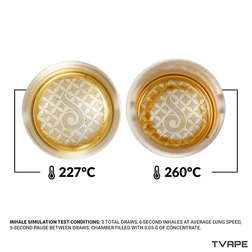 Image en gros plan de la wax dans la chambre du Dr. Dabber Switch 2 après avoir été vaporisée à la température la plus basse et à la plus élevée
