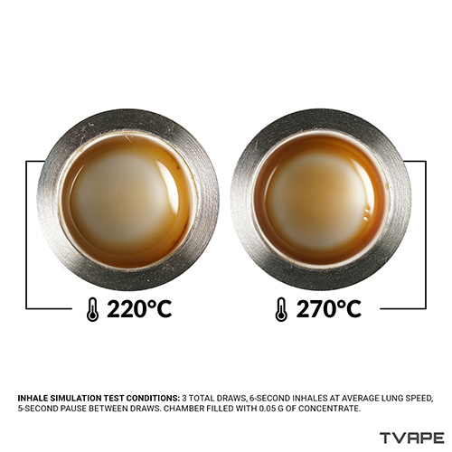 Image en gros plan de la wax dans la chambre du Utillian 8 Turbo après avoir été vaporisée à la température la plus basse et à la plus élevée