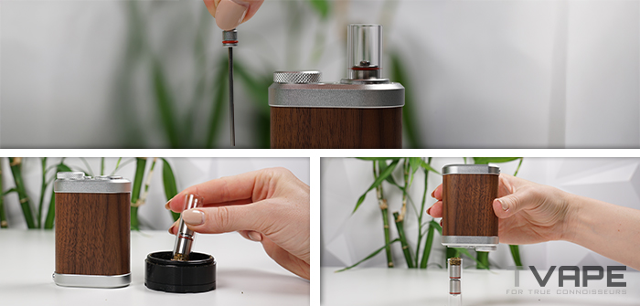Image montrant l'utilisation du vaporisateur Tinymight 2 : remplissage et insertion de la capsule &agrave; herbes, ainsi que la mise en place du tube en verre.