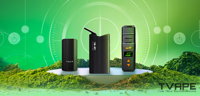 Trois vaporisateurs portables pr&eacute;sent&eacute;s sur fond vert : Utillian 723, Venty et Zeus Arc GT3
