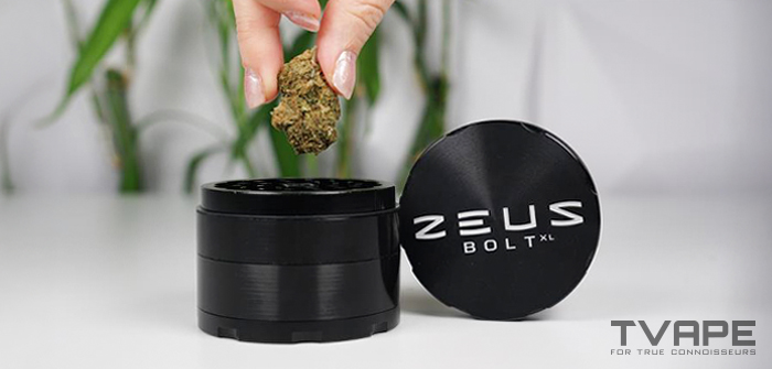 La variété de cannabis est mise dans le broyeur Zeus Bolt XL.