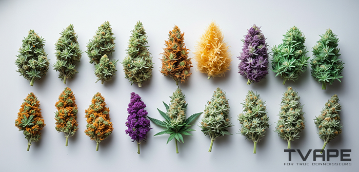 Différentes variétés de cannabis présentées côte à côte