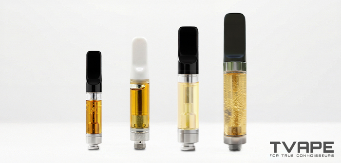 Comparaison de diff&eacute;rentes cartouches de vapotage &agrave; filetage 510 de diff&eacute;rentes tailles et conceptions, montrant des cartouches de cannabis remplies d'huile pour batteries &agrave; filetage 510.