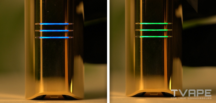 Une photo en gros plan du vaporisateur Zeus Arc GT4 avec les voyants LED qui montrent les réglages de température.