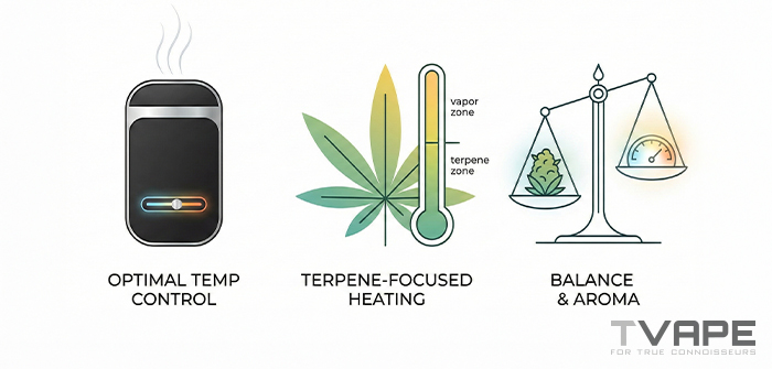 Infographie qui montre trois trucs sympas du vaporisateur : le contrôle de température optimal, le chauffage axé sur les terpènes avec un thermomètre qui montre les zones « terpènes » et « vapeur », et l'équilibre et l'arôme représentés par une balance.