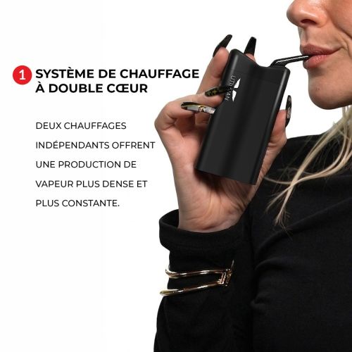 Femme utilisant le vaporisateur Utillian 850 avec système de chauffage à double cœur mis en évidence – deux chauffages indépendants pour une vapeur plus forte et plus régulière