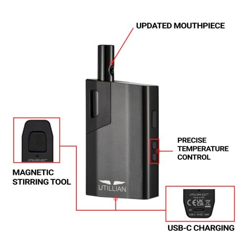 utillian 621 avec embout buccal, boutons de contrôle de température, outil de remuage magnétique et port de charge USB-C