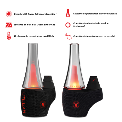 Présentation de l'Utillian 8 Turbo E-Rig : chambre 3D Swap-Cell modifiable, système de percolation en verre repensé, double régulation du débit d'air, 12 niveaux de température et minuterie de session
