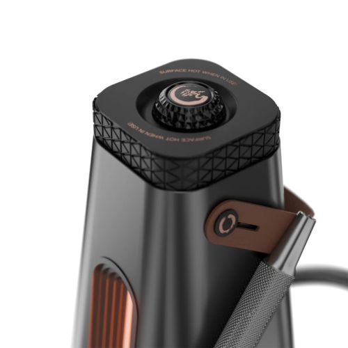 Gros plan sur la chambre de chauffe et le bouton de contrôle du vaporisateur de bureau AirVape Enso.