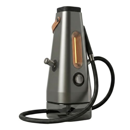 Narguilé électrique AirVape Enso 2026 en titane foncé, avec tuyau à vapeur gainé et lanière en cuir
