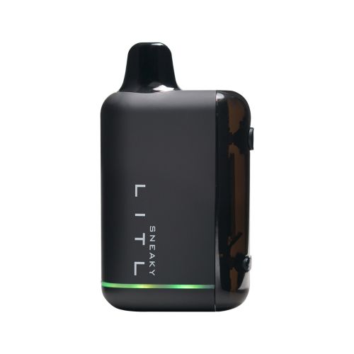 Batterie Litl Sneaky à filetage 510 en noir mat avec une forme compacte et incurvée, indicateur LED vert et embout discret.