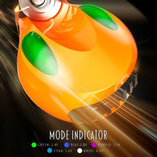 Batterie de vape Lookah FF1 510 thread orange futuriste avec indicateurs de mode verts, fond dynamique strié de lumière, réglages de tension variable.