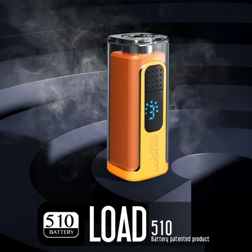 Batterie à filetage Lookah Load 510 en orange, sommet transparent révélant les composants internes, écran LED bleu illuminé affichant l'état de la charge, design ergonomique idéal pour le vapotage de cannabis portable.