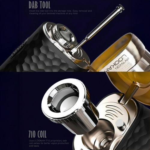 Gros plan du stylo à dab Lookah Python, avec outil à dab inséré dans le trou de rangement pour un retrait et un nettoyage faciles, utilise des coils propriétaires 710 pour une production de vapeur améliorée et un meilleur goût dans le dab portable.