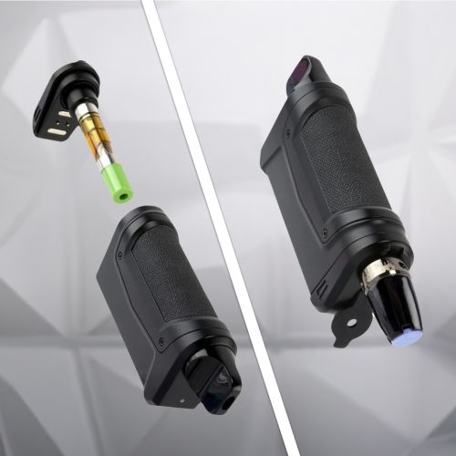 Batterie Ooze Duplex 2 510 filetage - gros plan de la partie inférieure démontée de l'appareil et du vaporisateur entièrement dissimulé