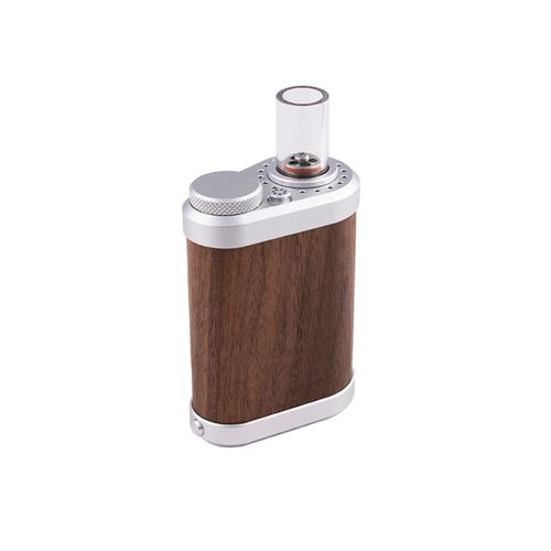 Vaporisateur Tinymight 2 avec un corps en bois et des accents métalliques, équipé d'un embout buccal en verre et d'un cadran de contrôle en haut.