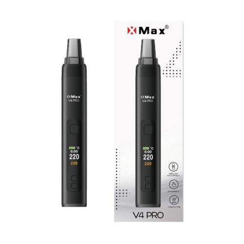 Le vaporisateur portable XMax v4 Pro est présenté avec son emballage.