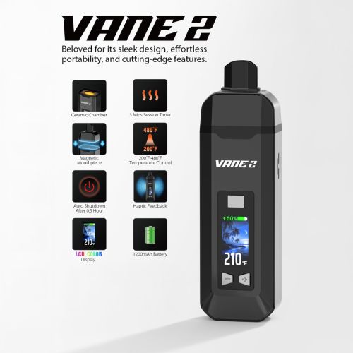Le vaporisateur Yocan Vane 2 a des trucs sympas, comme un minuteur de 3 minutes, un contrôle de température de 200 à 480 °F, une batterie de 1200 mAh et un retour haptique.