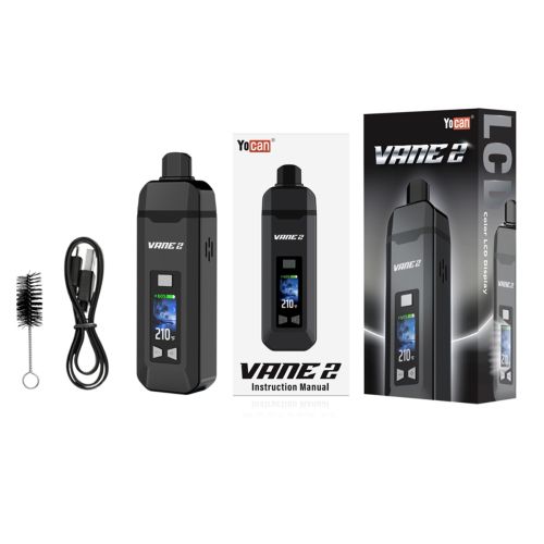 Emballage du vaporisateur Yocan Vane 2 avec appareil, câble USB, brosse de nettoyage et manuel d'instructions.