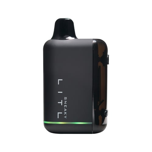 Batterie Litl Sneaky à filetage 510 en noir mat avec une forme compacte et incurvée, indicateur LED vert et embout discret.