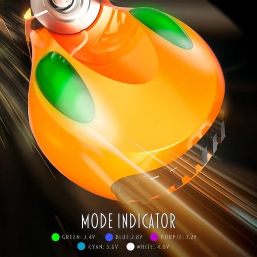 Batterie de vape Lookah FF1 510 thread orange futuriste avec indicateurs de mode verts, fond dynamique strié de lumière, réglages de tension variable.