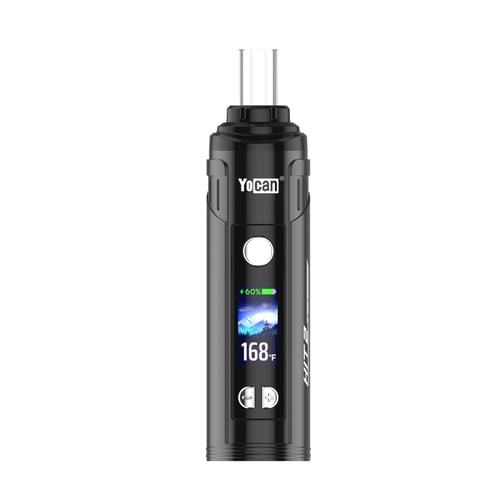 Vaporisateur d'herbes sèches Yocan Hit 2 - vue de face avec écran LCD couleur et boutons pour changer les réglages de température à l'avant