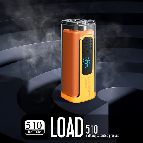 Batterie à filetage Lookah Load 510 en orange, sommet transparent révélant les composants internes, écran LED bleu illuminé affichant l'état de la charge, design ergonomique idéal pour le vapotage de cannabis portable.