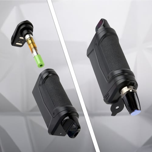 Batterie Ooze Duplex 2 510 filetage - gros plan de la partie inférieure démontée de l'appareil et du vaporisateur entièrement dissimulé