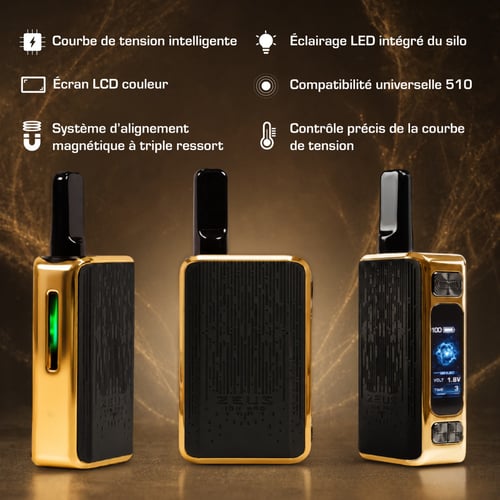 Batterie 510 Zeus Ion Pro : présentation des principales caractéristiques, dont la courbe de tension intelligente, le système d'alignement magnétique à triple ressort et le contrôle précis du voltage