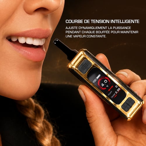 Une femme inhale avec la batterie 510 Zeus Ion Pro, accompagnée d'une explication de la courbe de tension intelligente, une fonction qui ajuste dynamiquement la puissance à chaque bouffée pour une production de vapeur constante