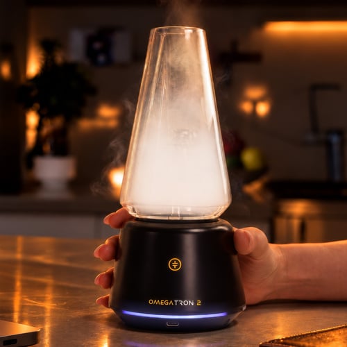 Vapor cup Tronian Omegatron 2 avec son verre rempli de vapeur blanche, sur une base noire avec anneau LED bleu.