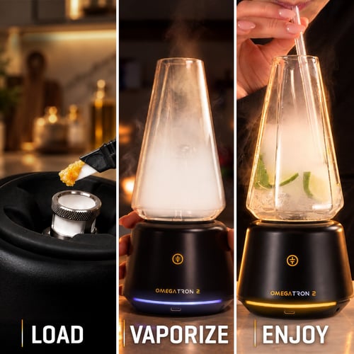 Comment utiliser la vapor cup Omegatron 2 : mets de la wax dans la chambre, vaporise-la dans le verre garni d’agrumes, puis sirote avec une paille en verre.