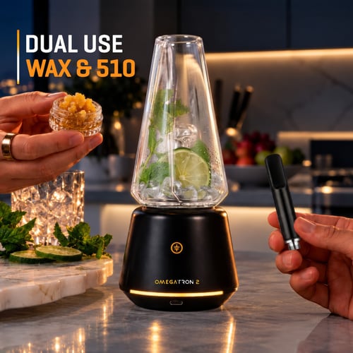 Vaporisateur double usage Tronian Omegatron 2 pour concentrés de wax et cartouches 510, présenté avec une cartouche et un verre garni de menthe et de citron vert.