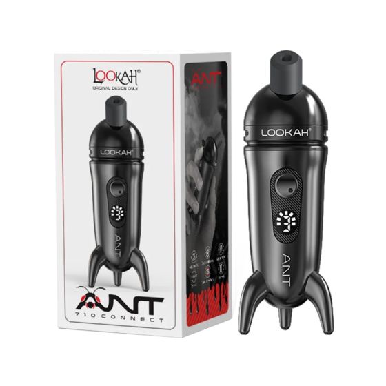 Vaporisateur dab pen Lookah Ant noir avec son design unique en forme de fourmi et ses trois pieds, présenté à côté de sa boîte d'emballage.