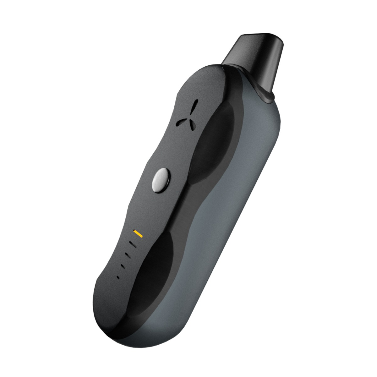 Vaporisateur à herbes AirVape XS Go vu en angle avec embout en place, bouton unique et voyants LED visibles.
