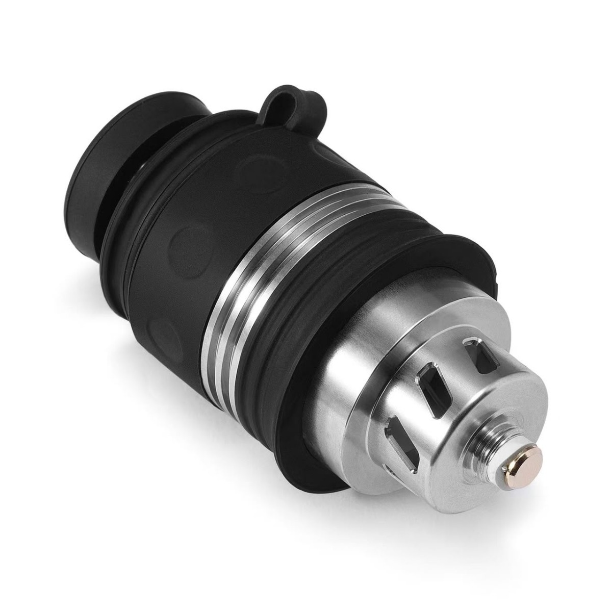 Crossing Core 2.0 XL atomizer with black silicone sleeve, silver metal bands and stainless steel connector base