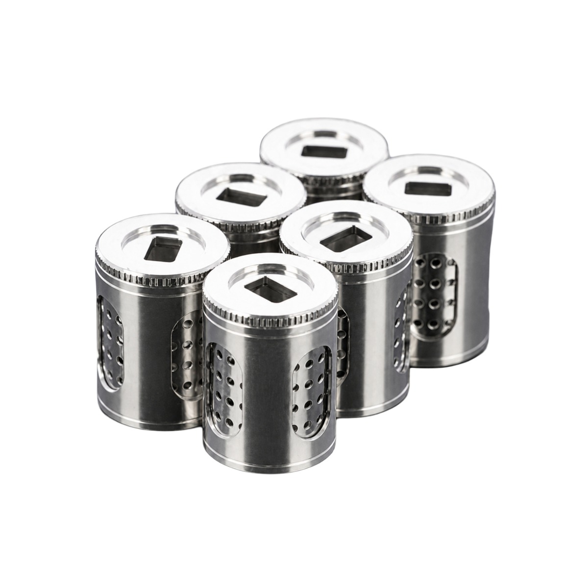 Six capsules de dosage en acier inoxydable DaVinci IQ Series avec capuchons vissés moletés et corps perforés