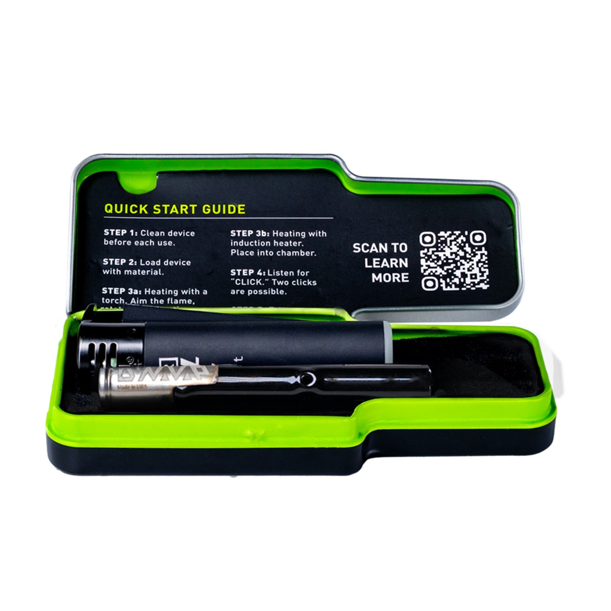 Kit vaporisateur DynaVap G3 dans un étui ouvert, comprenant des composants en acier inoxydable pour une vaporisation portable d'herbes sèches avec une saveur douce - idéal pour les amateurs de cannabis.