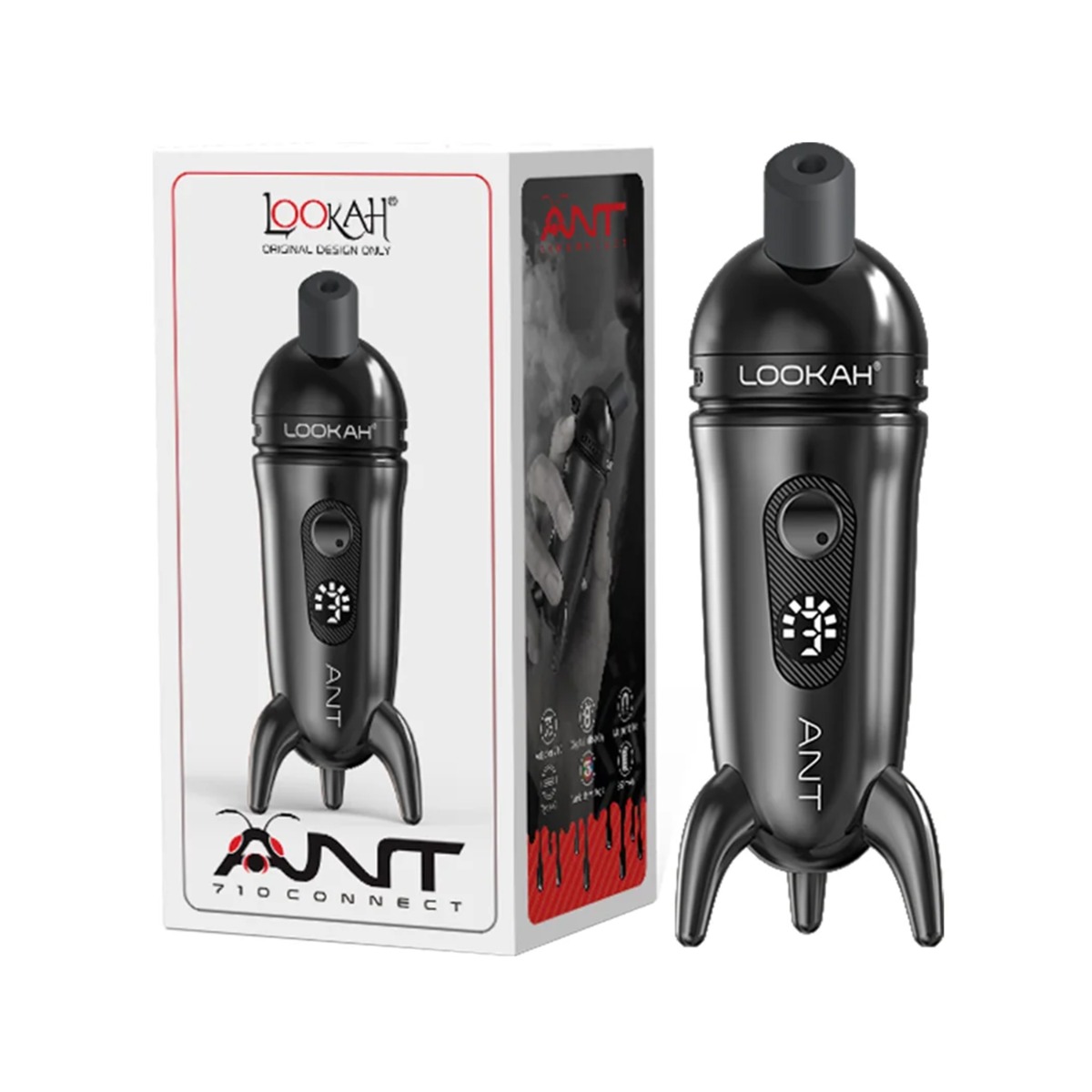 Vaporisateur dab pen Lookah Ant noir avec son design unique en forme de fourmi et ses trois pieds, présenté à côté de sa boîte d'emballage.