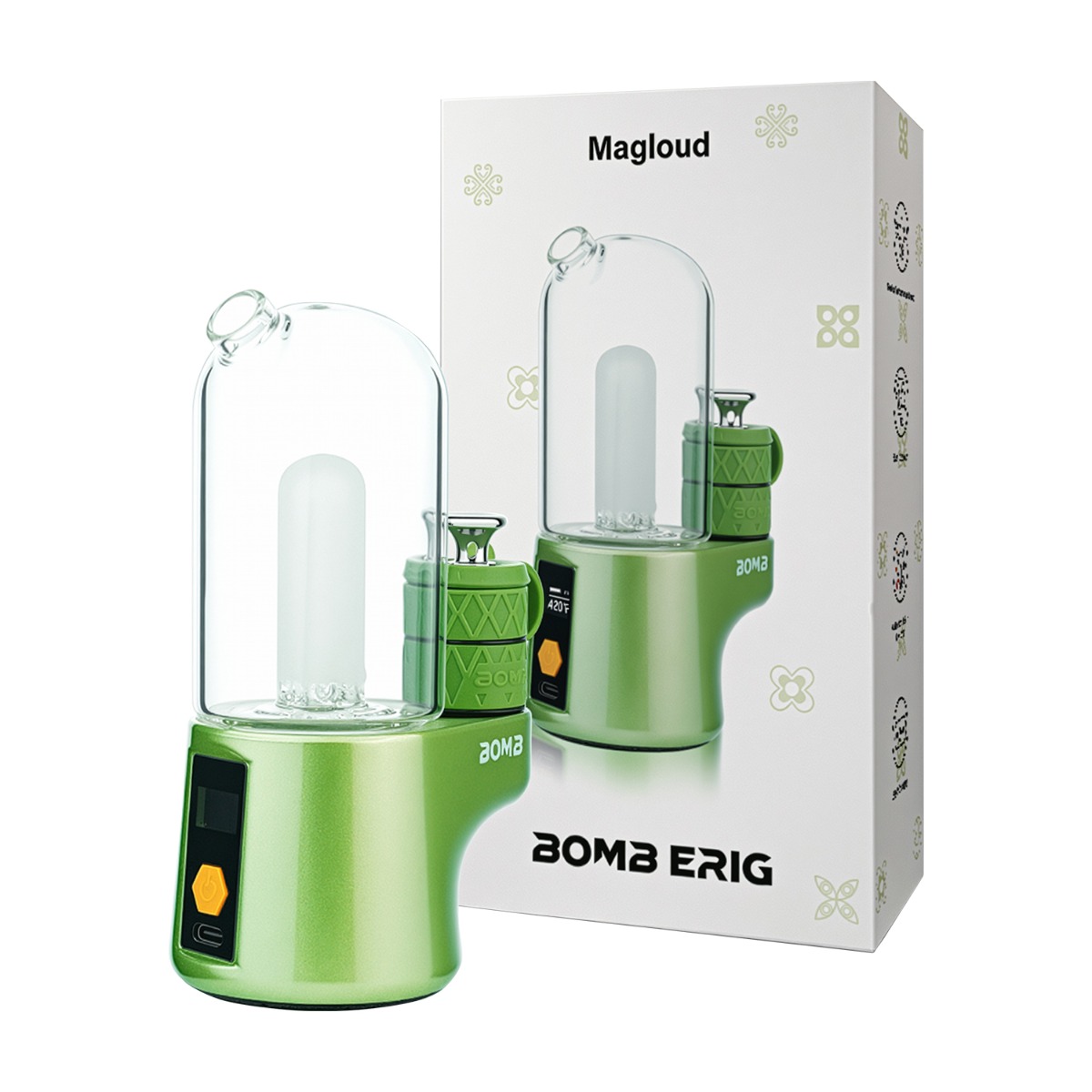 BOMB Magloud E Rig vert lime avec son emballage, comprenant un dab rig électrique portable pour la vaporisation de concentrés, idéal pour les sessions de dabbing nomades.