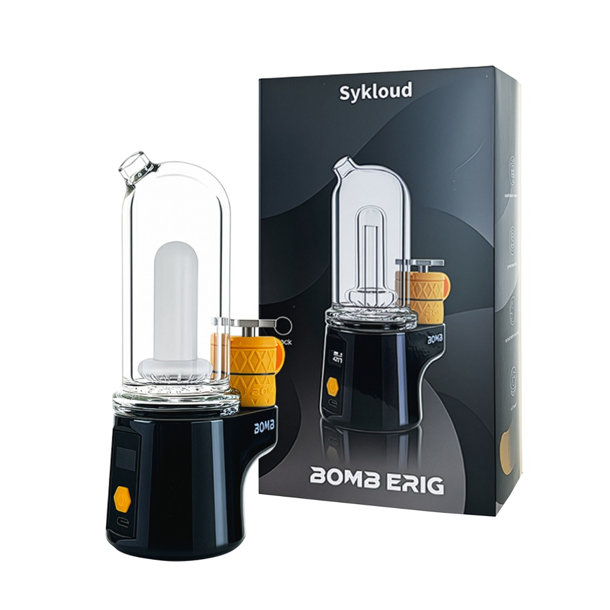Le Bomb Sykloud E Rig de couleur noire avec des accents orange, à côté de son emballage, sur un fond blanc.