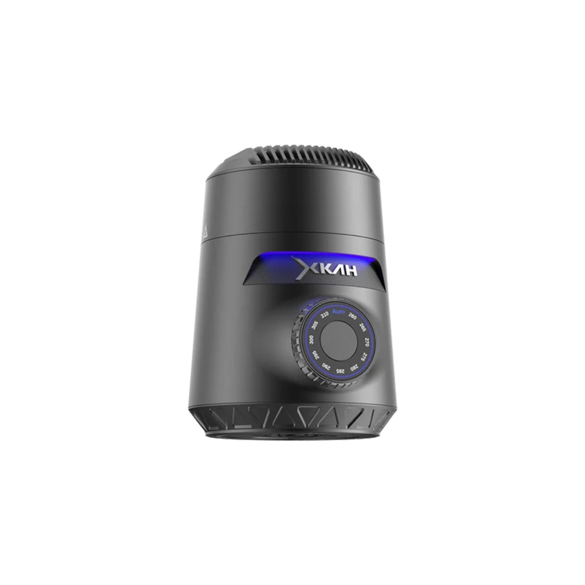 XKAH Lite Graphite, chicha électrique sans charbon vue de face en angle, avec anneau lumineux bleu et molette de température
