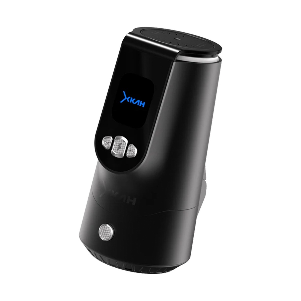 XKAH Pro Graphite, chicha électrique vue de face en angle, avec écran LED et boutons de commande