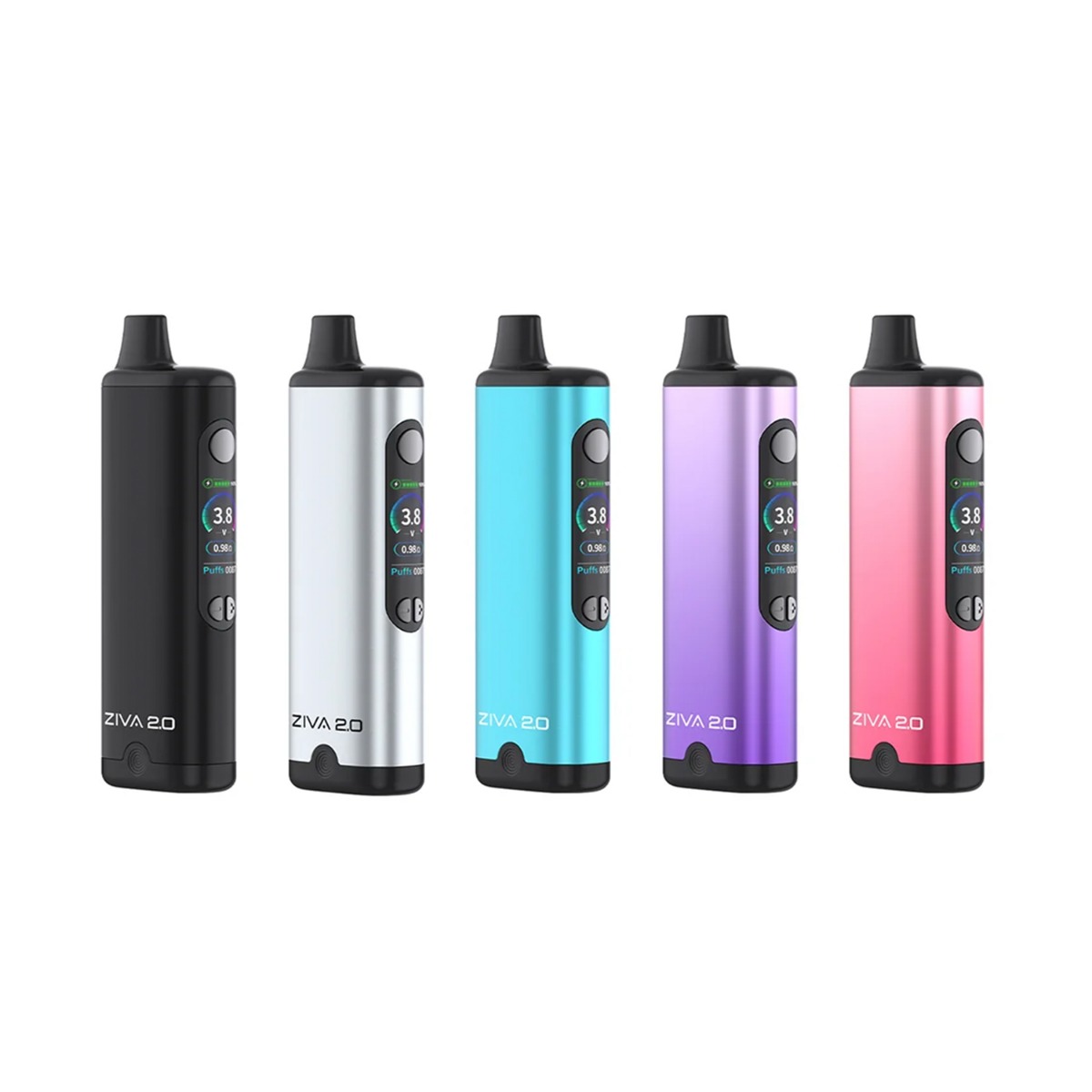 Batterie intelligente pour cartouche cachée Yocan Ziva 2.0 proposée en 5 déclinaisons de couleurs : noir, argent, bleu turquoise, dégradé violet et dégradé rose
