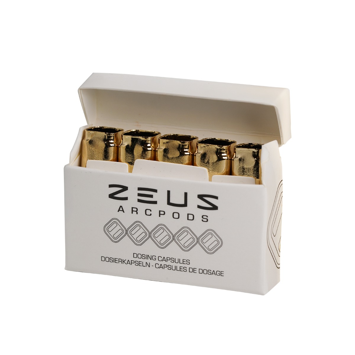 Ouvre le paquet blanc avec plein de capsules de dosage Zeus ArcPods GT dorées et le logo « ZEUS ARCPODS ».