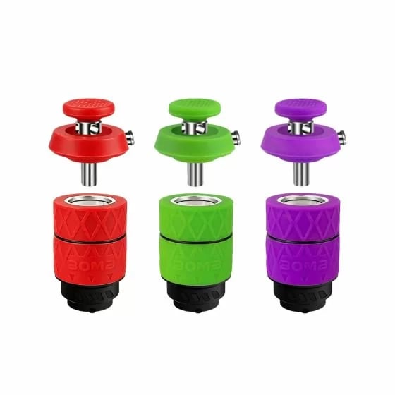 Bomb E Rig Aerix Atomizer avec carb caps et chambres de chauffe en rouge, vert et violet.