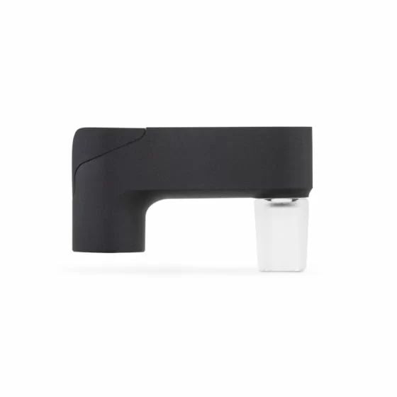 Vue latérale de l’adaptateur en verre Puffco Pivot, avec un design noir épuré et un embout en verre transparent en bas.