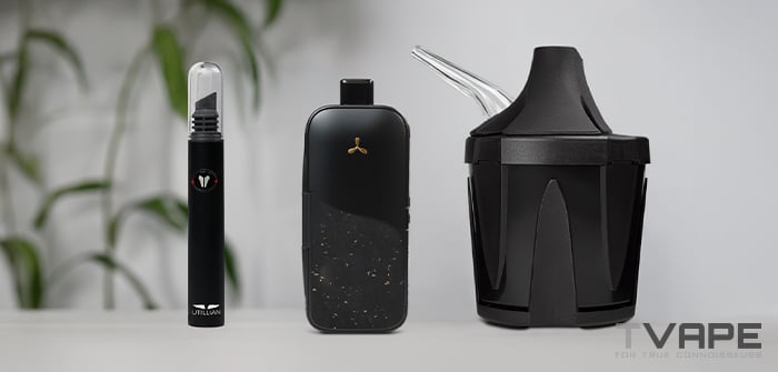 Le vaporisateur AirVape Legacy Pro 2 est présenté avec l'accessoire de refroidissement Zeus Iceborn et l'Utillian Hot Wax Axe pour faciliter le chargement des concentrés en mode cire.
