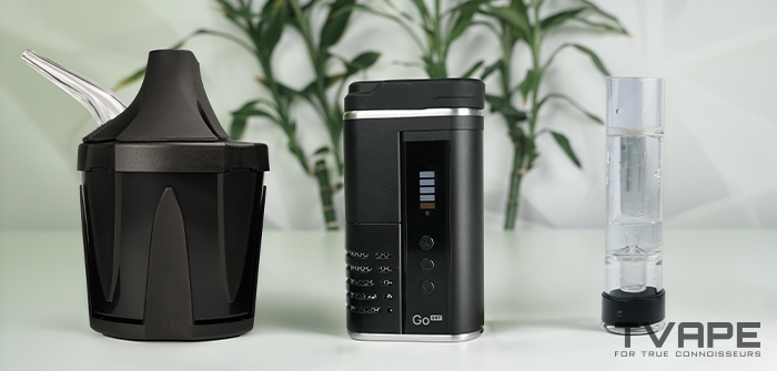 Le vaporisateur Arizer Go SRT est présenté ici avec le Zeus Iceborn et le Bubbler Utillian pour un meilleur refroidissement de la vapeur