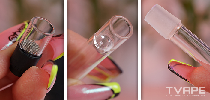 Vaporisateur Arizer Go SRT : gros plan sur l'embout buccal en verre, l'adaptateur pour pipe à eau et un pod en verre